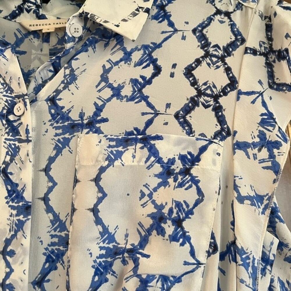Rebecca Taylor Ikat Silk Blue White Abstract Flutter Sleeve Maxi Dress Size 6 - Picture 11 of 12